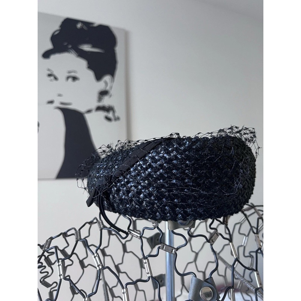 Vintage Black Woven Straw Pillbox Hat with Birdcage Veil and Grosgrain Ribbon